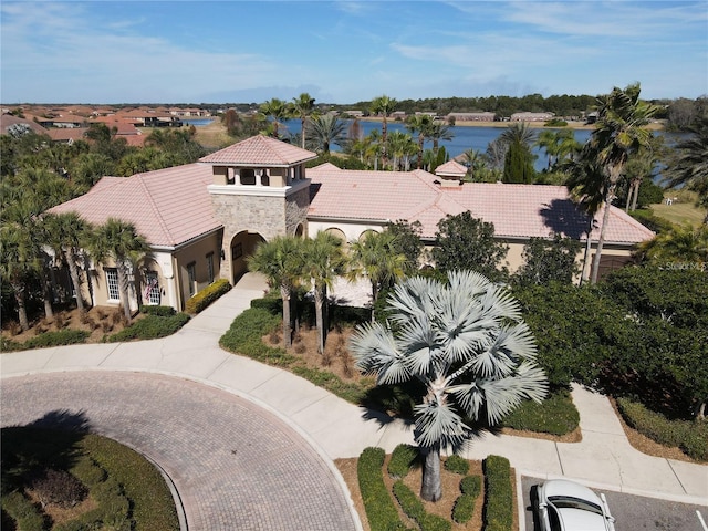 aerial view featuring a water view