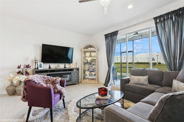 living room featuring light tile patterned flooring