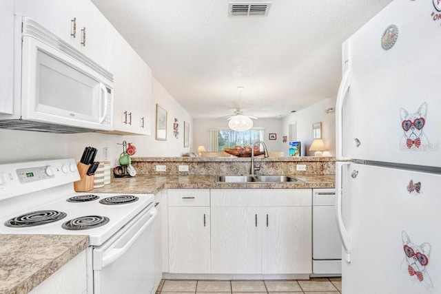 kitchen with white cabinetry, sink, light tile patterned floors, kitchen peninsula, and white appliances