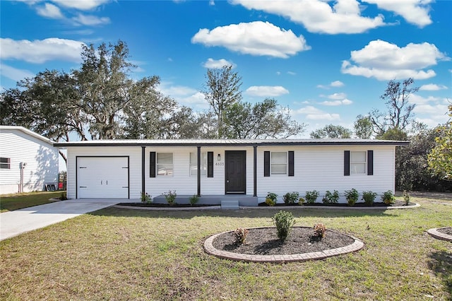 ranch-style house with a porch, a garage, and a front lawn