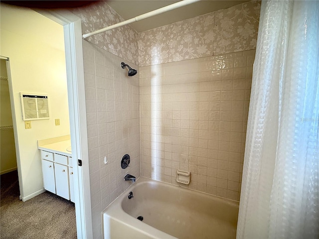 bathroom featuring vanity and shower / bath combo with shower curtain