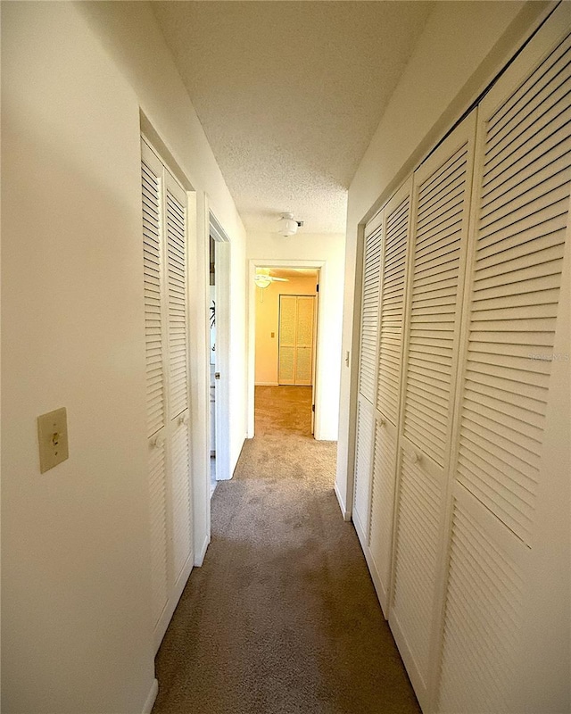 hall with carpet floors and a textured ceiling