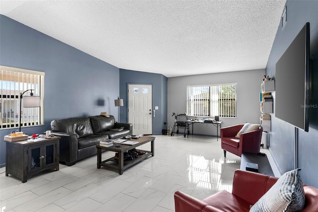 living room featuring a textured ceiling