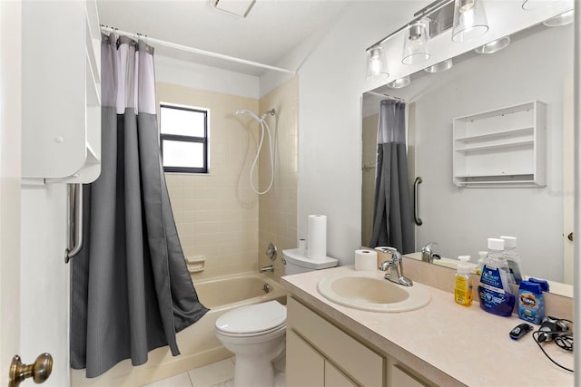 full bathroom with toilet, tile patterned floors, vanity, and shower / bathtub combination with curtain