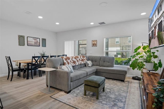 living room with plenty of natural light and light hardwood / wood-style floors