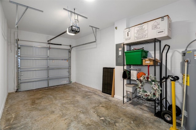 garage featuring a garage door opener, electric panel, and electric water heater