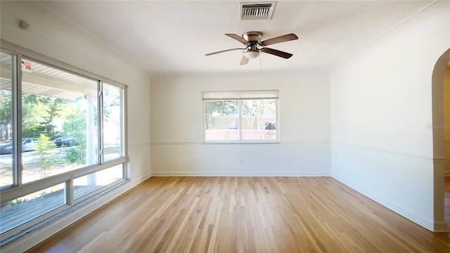 spare room featuring ceiling fan, light hardwood / wood-style flooring, and a wealth of natural light