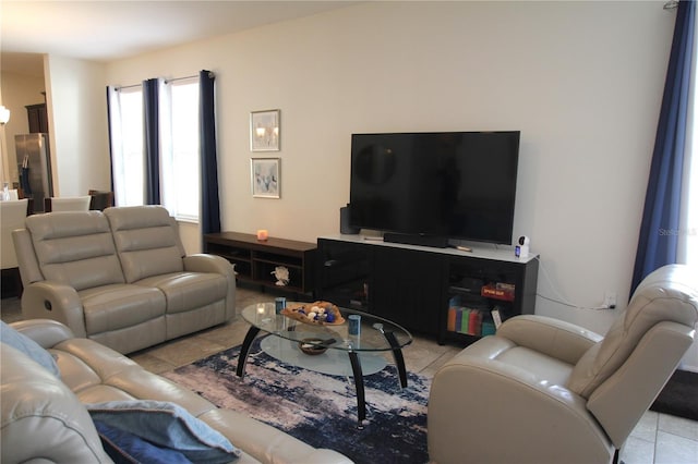 living room with light tile patterned flooring