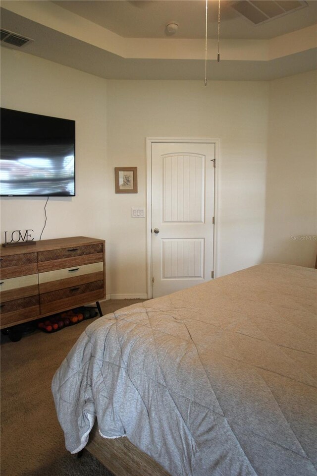 bedroom with carpet floors and a tray ceiling