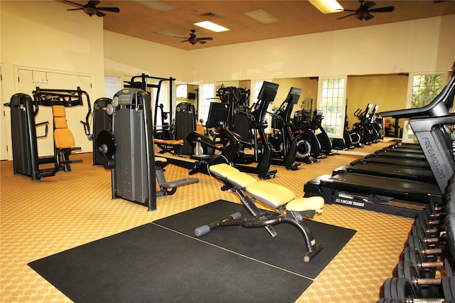 workout area with carpet flooring and ceiling fan