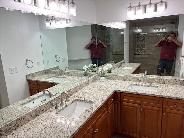 bathroom with vanity and a shower with shower door