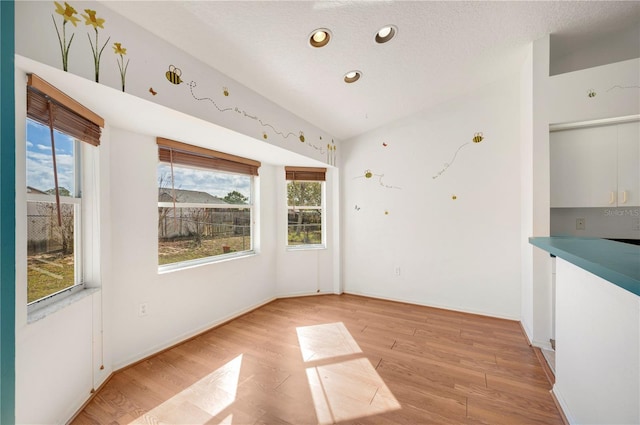 unfurnished dining area featuring plenty of natural light, a textured ceiling, and light wood-type flooring