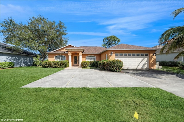 ranch-style home with a garage and a front yard