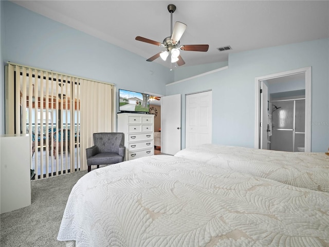 bedroom featuring ceiling fan, lofted ceiling, and carpet