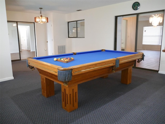 playroom featuring dark carpet and pool table