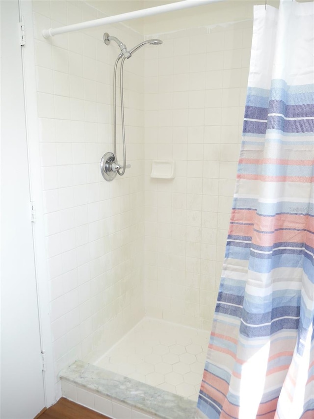 bathroom featuring a shower with shower curtain