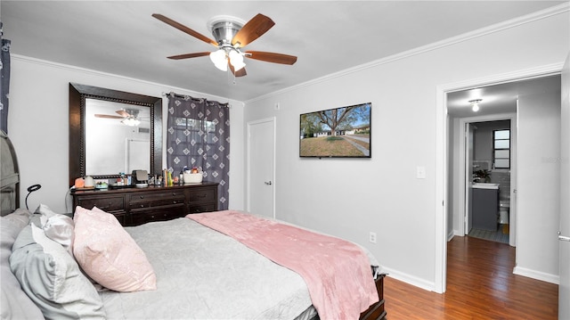 bedroom featuring wood-type flooring, ornamental molding, and ceiling fan