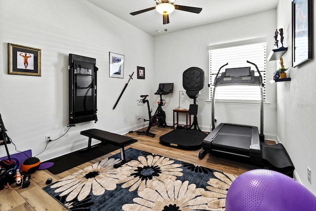 workout area featuring hardwood / wood-style flooring and ceiling fan