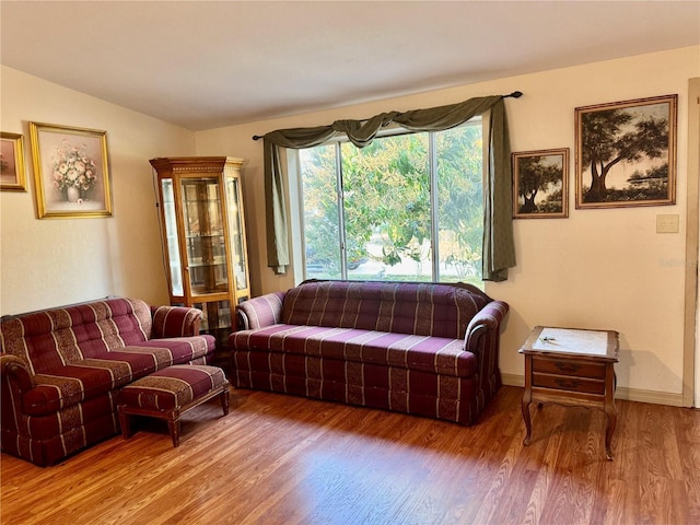 living area featuring lofted ceiling, baseboards, and wood finished floors