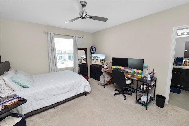 8680 Falling Blue Pl, Riverview, FL 33578 - bedroom with light carpet, an office area, ceiling fan, and ensuite bath
