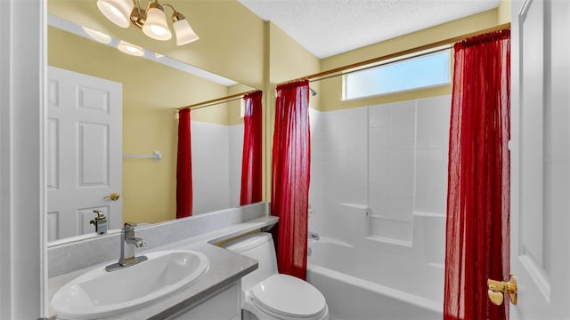 full bathroom with shower / bath combination with curtain, vanity, toilet, a textured ceiling, and an inviting chandelier