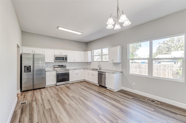 kitchen with sink, white cabinetry, appliances with stainless steel finishes, pendant lighting, and backsplash