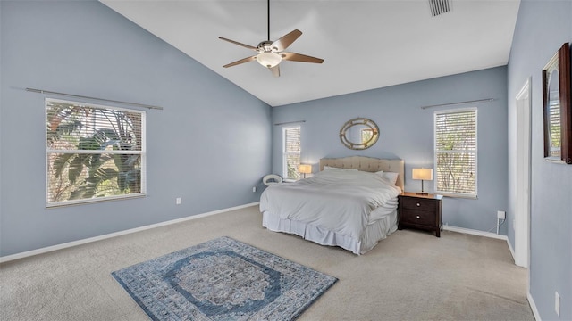 carpeted bedroom with visible vents, multiple windows, high vaulted ceiling, and baseboards