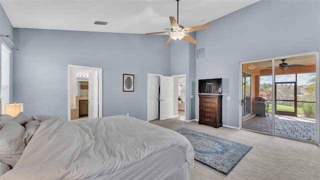 carpeted bedroom with visible vents, high vaulted ceiling, access to exterior, baseboards, and ceiling fan