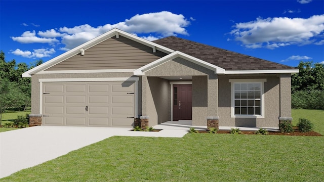 view of front of property with a garage and a front lawn