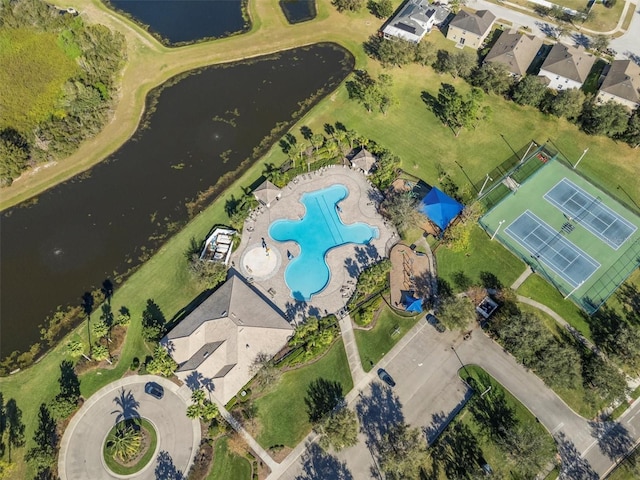 aerial view featuring a water view