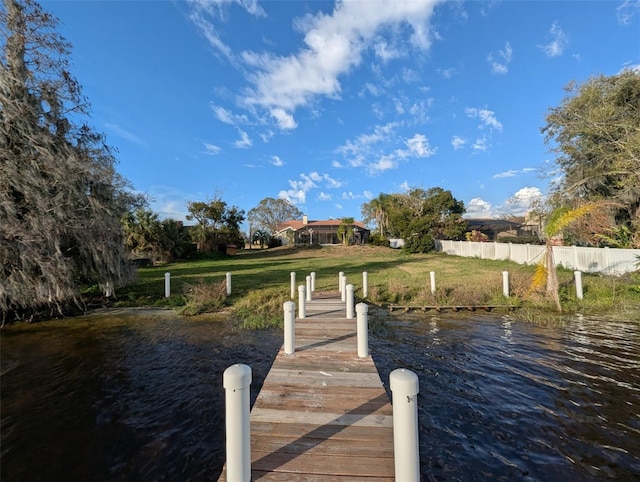 dock area featuring a yard and a water view