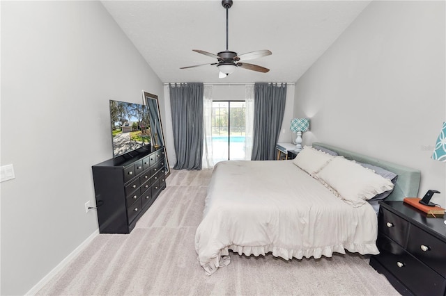 7410 Locksley Ln, Lakeland, FL 33809 - bedroom with carpet floors, baseboards, ceiling fan, access to outside, and lofted ceiling