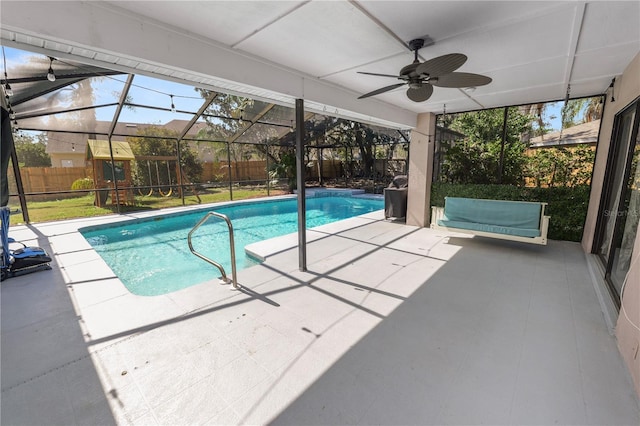 7410 Locksley Ln, Lakeland, FL 33809 - view of pool featuring a ceiling fan, a patio, a fenced in pool, and a fenced backyard