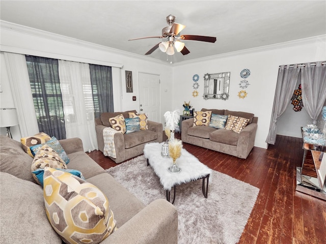 living room with ornamental molding, ceiling fan, and dark wood-style floors