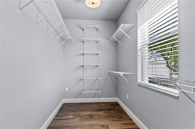 walk in closet with wood finished floors