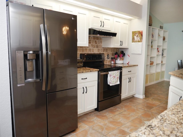 kitchen with appliances with stainless steel finishes, white cabinetry, under cabinet range hood, and tasteful backsplash