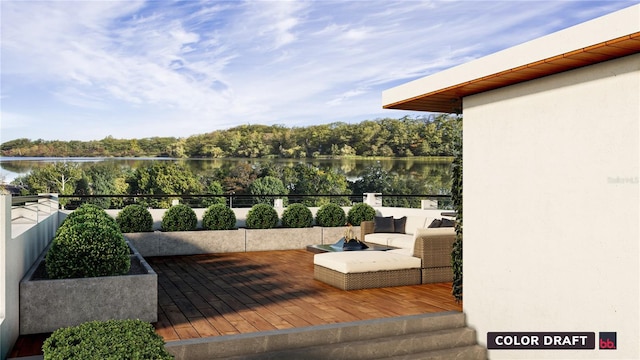 wooden terrace featuring a water view and an outdoor living space