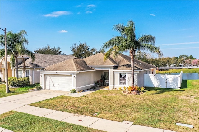 ranch-style home with a front yard and a garage