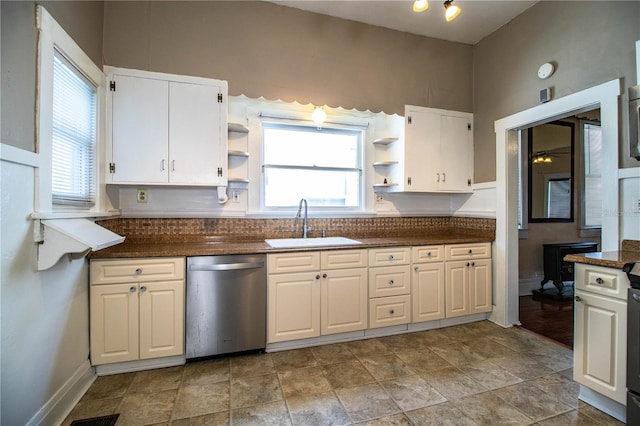 kitchen featuring sink, white cabinets, dishwasher, and ceiling fan