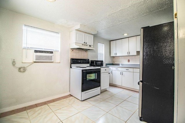 kitchen with white cabinetry, white electric range, stainless steel refrigerator, and cooling unit