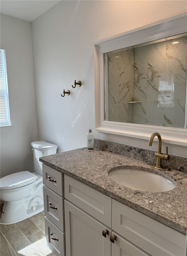 bathroom with toilet, wood finish floors, a marble finish shower, and vanity