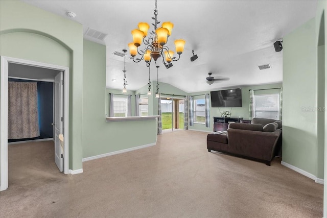 living area featuring light carpet, baseboards, visible vents, and vaulted ceiling