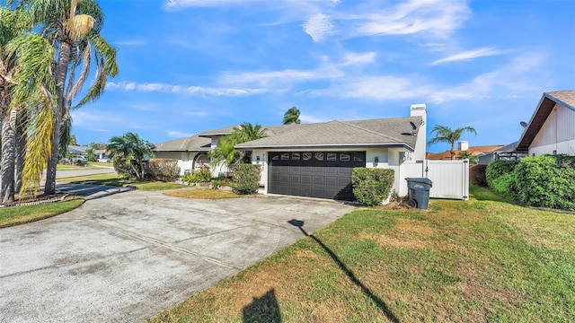 ranch-style home featuring a garage and a front lawn