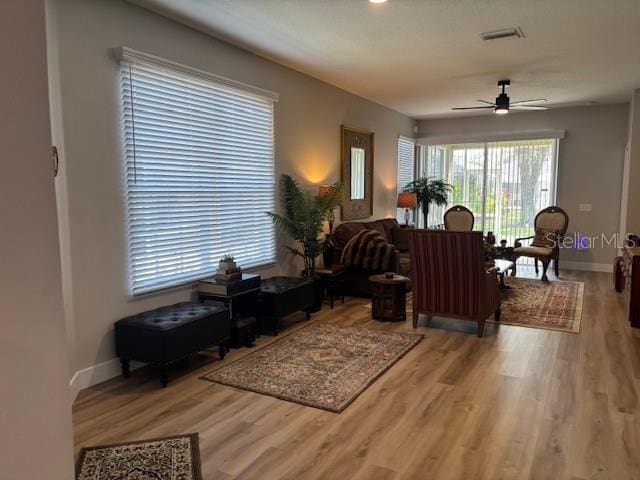 8623 Snowy Owl Way, Tampa, FL 33647 - living room with wood finished floors, baseboards, a ceiling fan, and visible vents