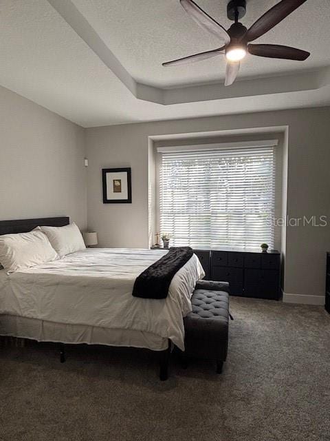 8623 Snowy Owl Way, Tampa, FL 33647 - bedroom with a raised ceiling, a textured ceiling, ceiling fan, and carpet floors