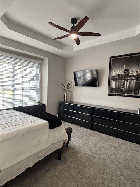 8623 Snowy Owl Way, Tampa, FL 33647 - carpeted bedroom with ceiling fan and a raised ceiling