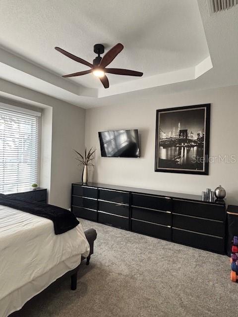 8623 Snowy Owl Way, Tampa, FL 33647 - bedroom featuring a raised ceiling, visible vents, a ceiling fan, and carpet