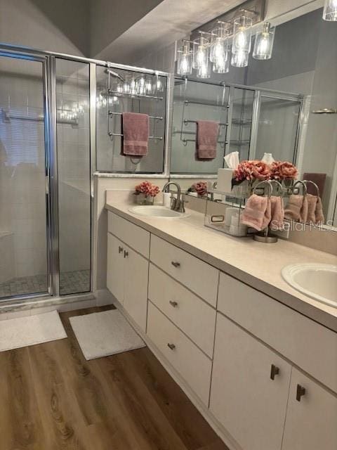 8623 Snowy Owl Way, Tampa, FL 33647 - bathroom featuring a stall shower, wood finished floors, double vanity, and a sink