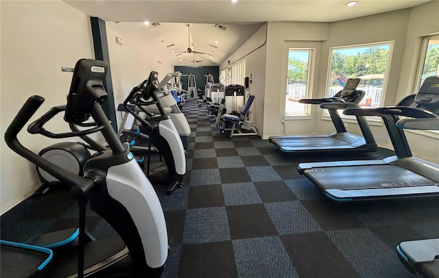 8623 Snowy Owl Way, Tampa, FL 33647 - workout area featuring ceiling fan, dark colored carpet, and recessed lighting