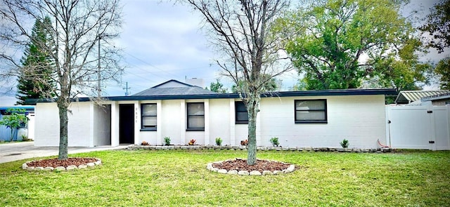 ranch-style house featuring a gate, a front lawn, and concrete driveway